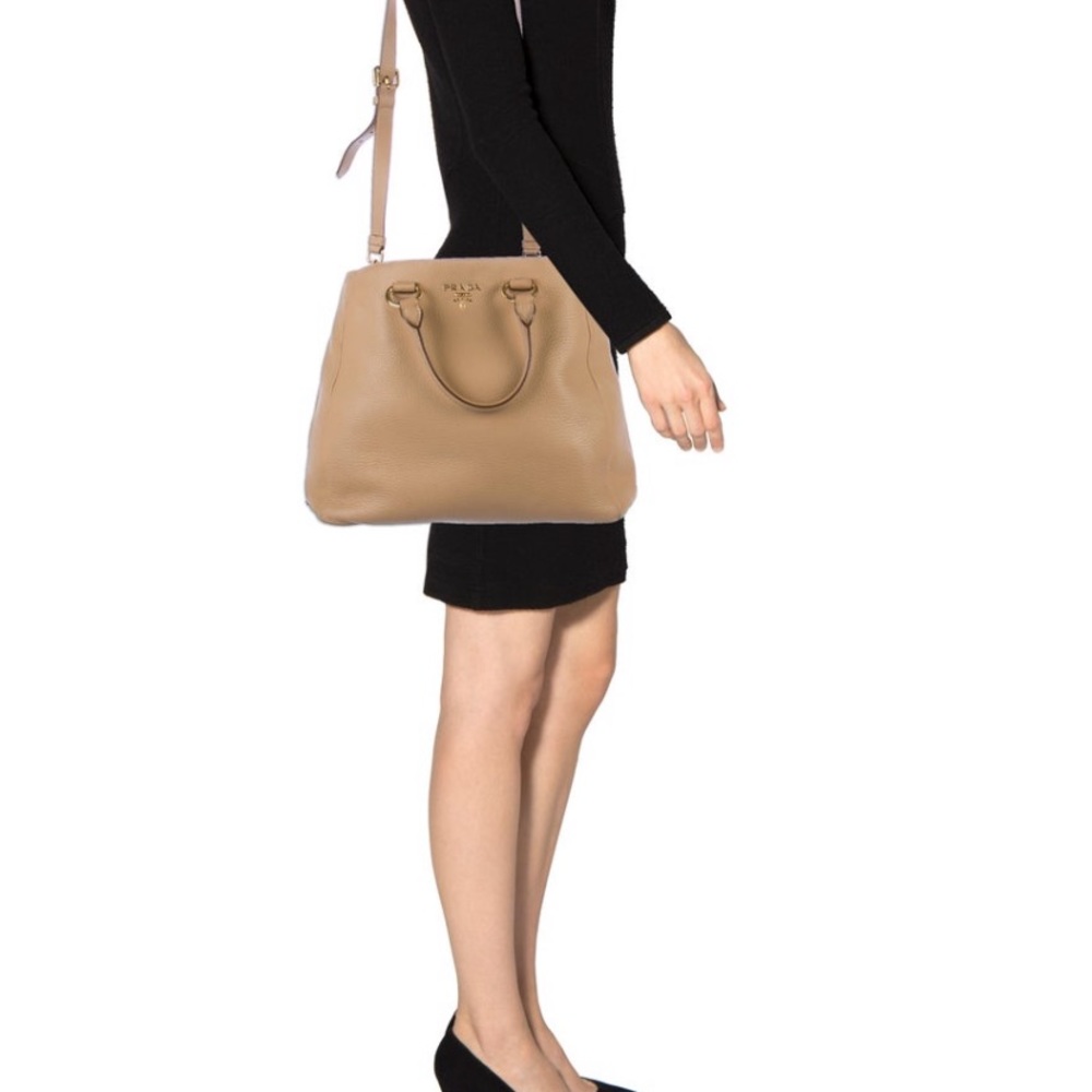 PRADA Beige Vitello Daino Expandable Crossbody Shopper Tote Bag